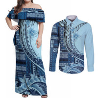 Samoa Siapo Mamanu Couples Matching Off Shoulder Maxi Dress and Long Sleeve Button Shirt Plumeria Navy Blue Motifs LT7 Blue - Polynesian Pride