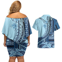 Samoa Siapo Mamanu Couples Matching Off Shoulder Short Dress and Hawaiian Shirt Plumeria Navy Blue Motifs LT7 - Polynesian Pride