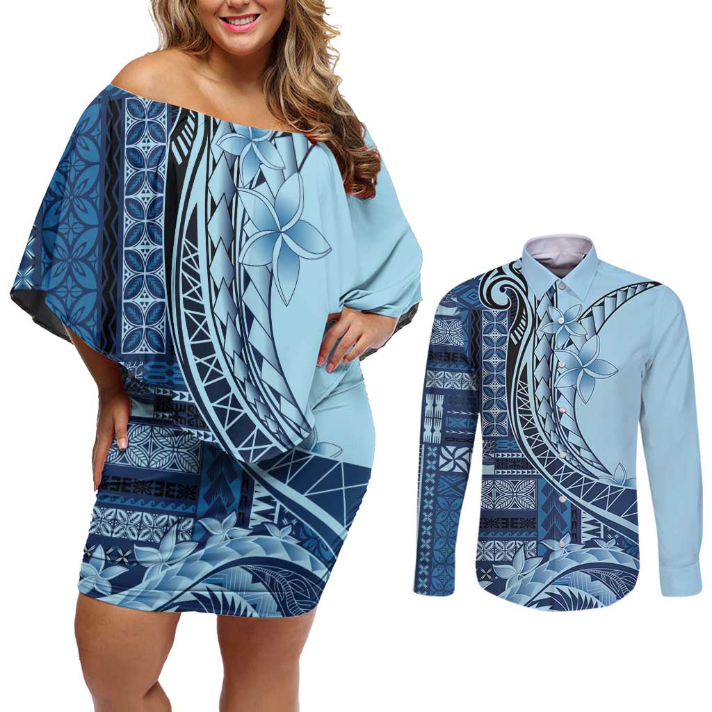 Samoa Siapo Mamanu Couples Matching Off Shoulder Short Dress and Long Sleeve Button Shirt Plumeria Navy Blue Motifs LT7 Blue - Polynesian Pride