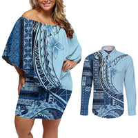 Samoa Siapo Mamanu Couples Matching Off Shoulder Short Dress and Long Sleeve Button Shirt Plumeria Navy Blue Motifs LT7 Blue - Polynesian Pride