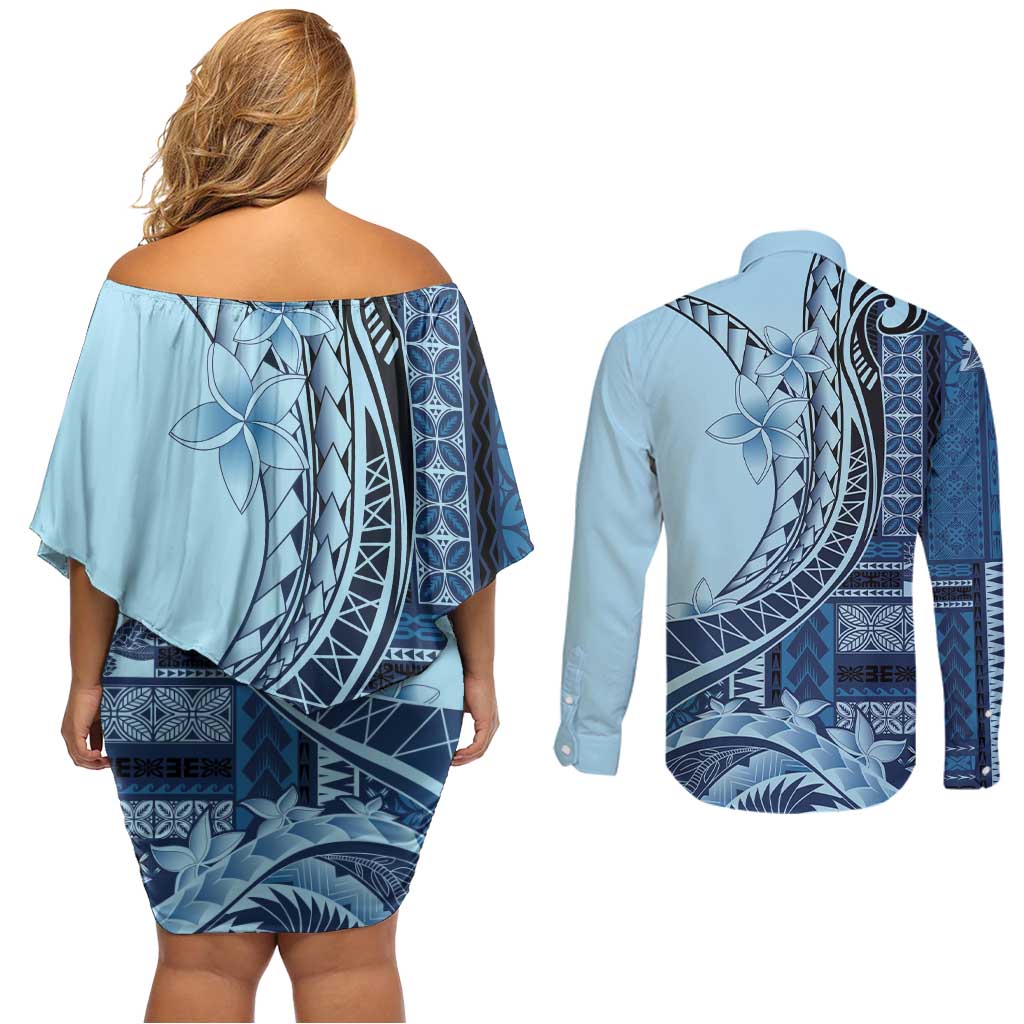 Samoa Siapo Mamanu Couples Matching Off Shoulder Short Dress and Long Sleeve Button Shirt Plumeria Navy Blue Motifs LT7 - Polynesian Pride