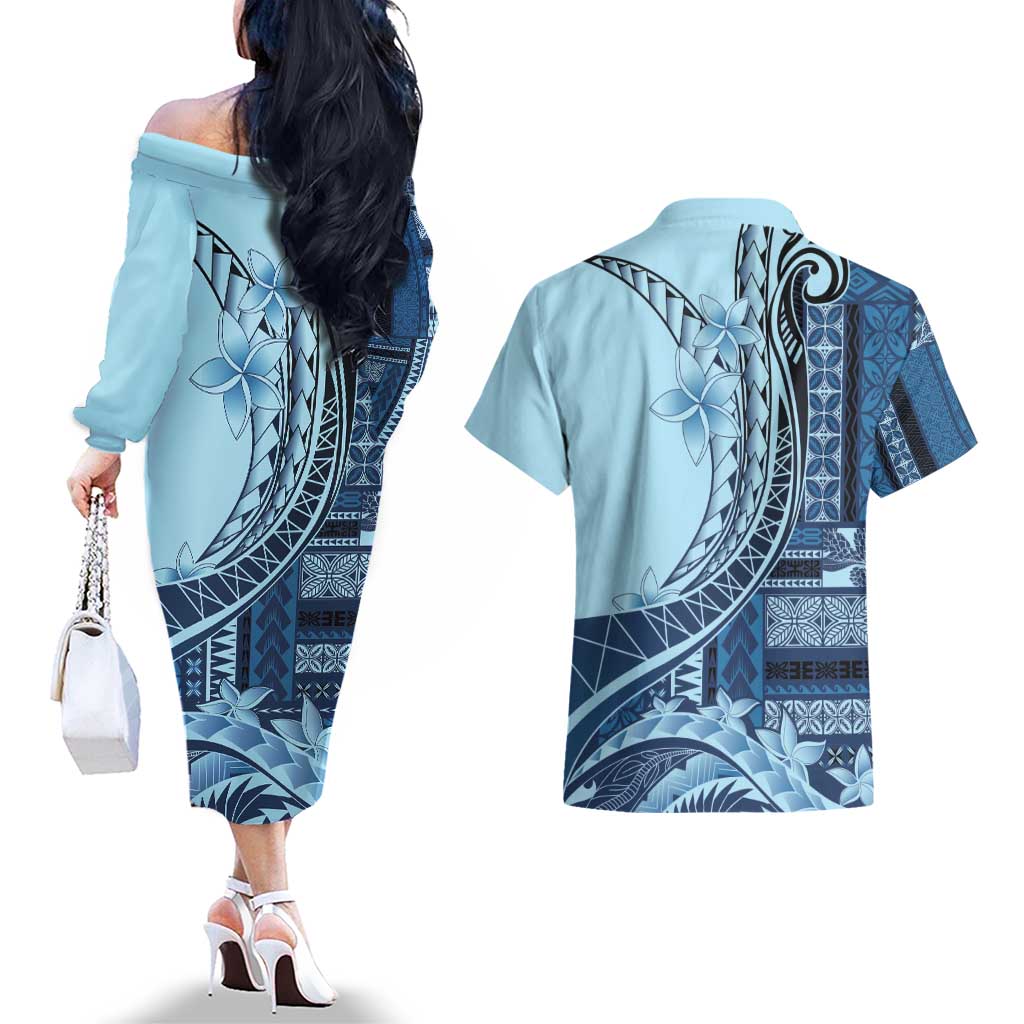 Samoa Siapo Mamanu Couples Matching Off The Shoulder Long Sleeve Dress and Hawaiian Shirt Plumeria Navy Blue Motifs LT7 - Polynesian Pride