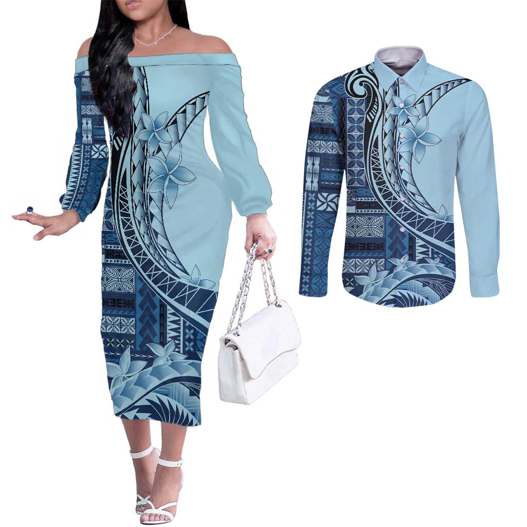 Samoa Siapo Mamanu Couples Matching Off The Shoulder Long Sleeve Dress and Long Sleeve Button Shirt Plumeria Navy Blue Motifs LT7 Blue - Polynesian Pride