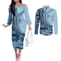 Samoa Siapo Mamanu Couples Matching Off The Shoulder Long Sleeve Dress and Long Sleeve Button Shirt Plumeria Navy Blue Motifs LT7 Blue - Polynesian Pride