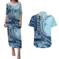 Samoa Siapo Mamanu Couples Matching Puletasi and Hawaiian Shirt Plumeria Navy Blue Motifs LT7 Blue - Polynesian Pride