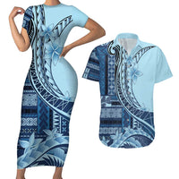 Samoa Siapo Mamanu Couples Matching Short Sleeve Bodycon Dress and Hawaiian Shirt Plumeria Navy Blue Motifs LT7 Blue - Polynesian Pride