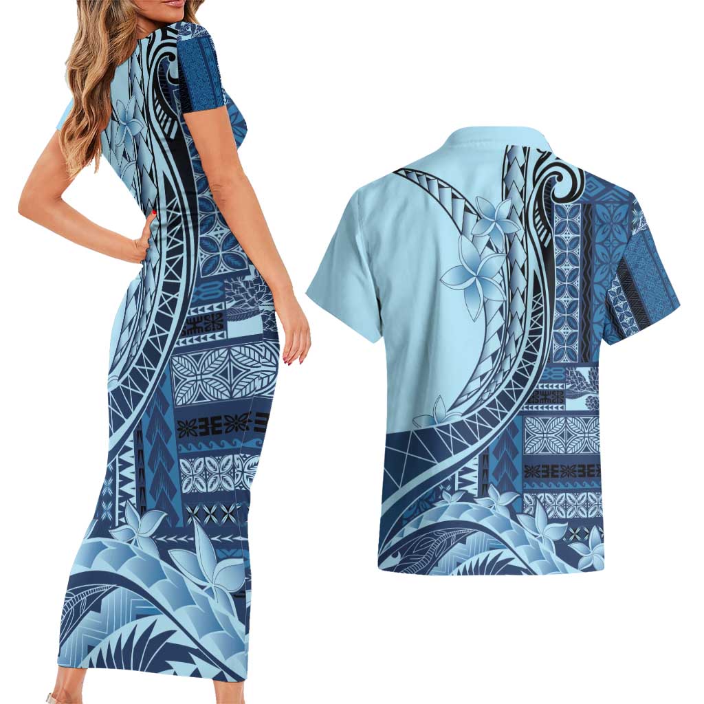 Samoa Siapo Mamanu Couples Matching Short Sleeve Bodycon Dress and Hawaiian Shirt Plumeria Navy Blue Motifs LT7 - Polynesian Pride