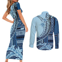 Samoa Siapo Mamanu Couples Matching Short Sleeve Bodycon Dress and Long Sleeve Button Shirt Plumeria Navy Blue Motifs LT7 - Polynesian Pride
