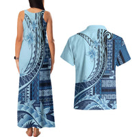Samoa Siapo Mamanu Couples Matching Tank Maxi Dress and Hawaiian Shirt Plumeria Navy Blue Motifs LT7 - Polynesian Pride