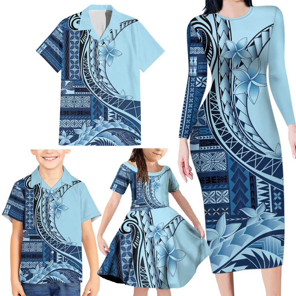 Samoa Siapo Mamanu Family Matching Long Sleeve Bodycon Dress and Hawaiian Shirt Plumeria Navy Blue Motifs LT7 - Polynesian Pride