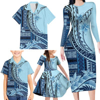 Samoa Siapo Mamanu Family Matching Long Sleeve Bodycon Dress and Hawaiian Shirt Plumeria Navy Blue Motifs LT7 - Polynesian Pride