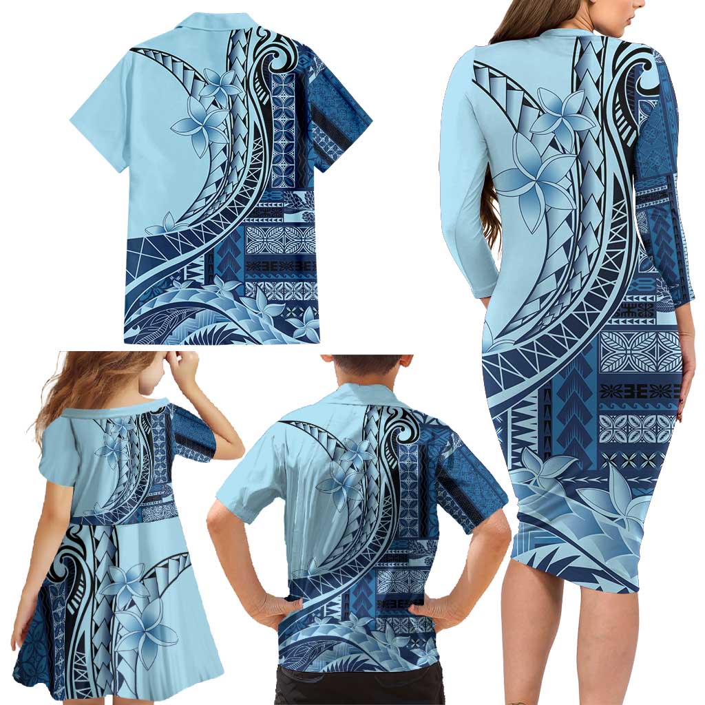 Samoa Siapo Mamanu Family Matching Long Sleeve Bodycon Dress and Hawaiian Shirt Plumeria Navy Blue Motifs LT7 - Polynesian Pride