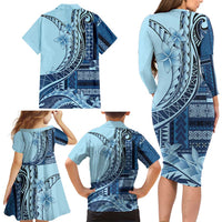 Samoa Siapo Mamanu Family Matching Long Sleeve Bodycon Dress and Hawaiian Shirt Plumeria Navy Blue Motifs LT7 - Polynesian Pride
