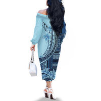 Samoa Siapo Mamanu Family Matching Off The Shoulder Long Sleeve Dress and Hawaiian Shirt Plumeria Navy Blue Motifs LT7 - Polynesian Pride