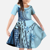 Samoa Siapo Mamanu Family Matching Off Shoulder Maxi Dress and Hawaiian Shirt Plumeria Navy Blue Motifs LT7 Daughter's Dress Blue - Polynesian Pride