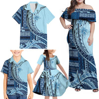 Samoa Siapo Mamanu Family Matching Off Shoulder Maxi Dress and Hawaiian Shirt Plumeria Navy Blue Motifs LT7 - Polynesian Pride