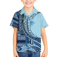 Samoa Siapo Mamanu Family Matching Off Shoulder Maxi Dress and Hawaiian Shirt Plumeria Navy Blue Motifs LT7 Son's Shirt Blue - Polynesian Pride