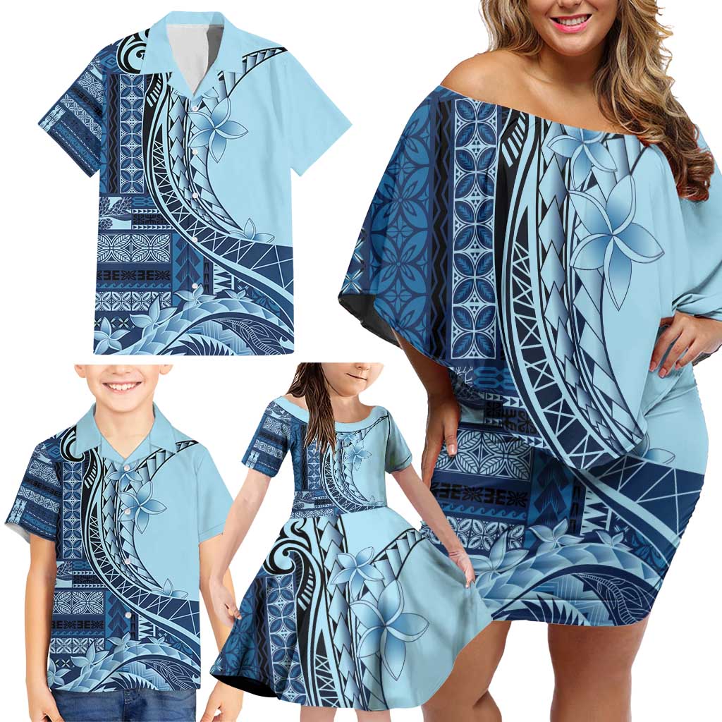 Samoa Siapo Mamanu Family Matching Off Shoulder Short Dress and Hawaiian Shirt Plumeria Navy Blue Motifs LT7 - Polynesian Pride