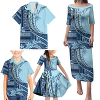 Samoa Siapo Mamanu Family Matching Puletasi and Hawaiian Shirt Plumeria Navy Blue Motifs LT7 - Polynesian Pride