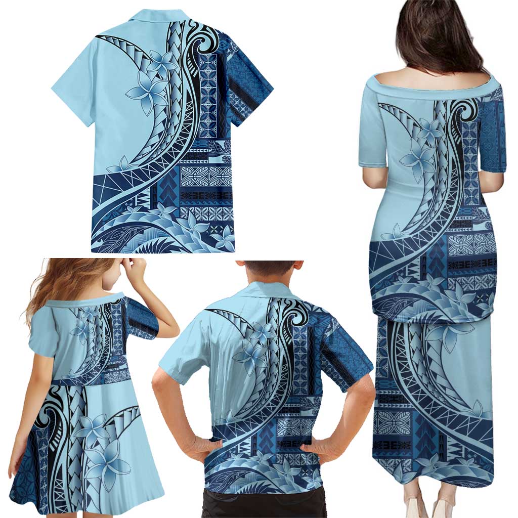 Samoa Siapo Mamanu Family Matching Puletasi and Hawaiian Shirt Plumeria Navy Blue Motifs LT7 - Polynesian Pride