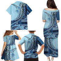 Samoa Siapo Mamanu Family Matching Puletasi and Hawaiian Shirt Plumeria Navy Blue Motifs LT7 - Polynesian Pride