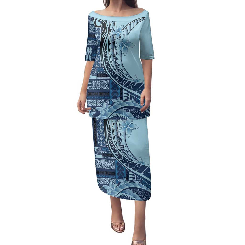 Samoa Siapo Mamanu Family Matching Puletasi and Hawaiian Shirt Plumeria Navy Blue Motifs LT7 Mom's Dress Blue - Polynesian Pride