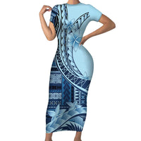 Samoa Siapo Mamanu Family Matching Short Sleeve Bodycon Dress and Hawaiian Shirt Plumeria Navy Blue Motifs LT7 Mom's Dress Blue - Polynesian Pride