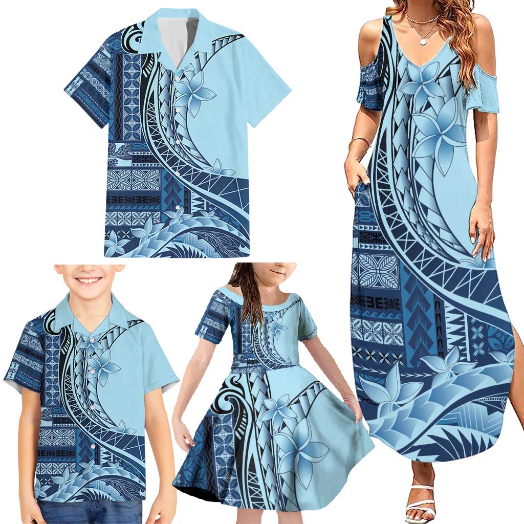 Samoa Siapo Mamanu Family Matching Summer Maxi Dress and Hawaiian Shirt Plumeria Navy Blue Motifs LT7 - Polynesian Pride