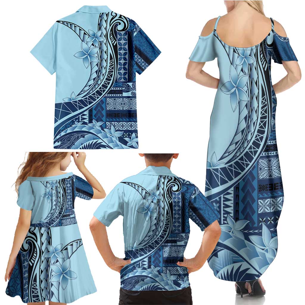 Samoa Siapo Mamanu Family Matching Summer Maxi Dress and Hawaiian Shirt Plumeria Navy Blue Motifs LT7 - Polynesian Pride