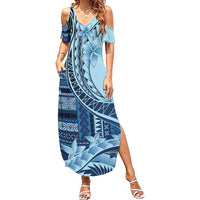 Samoa Siapo Mamanu Family Matching Summer Maxi Dress and Hawaiian Shirt Plumeria Navy Blue Motifs LT7 Mom's Dress Blue - Polynesian Pride