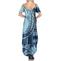 Samoa Siapo Mamanu Family Matching Summer Maxi Dress and Hawaiian Shirt Plumeria Navy Blue Motifs LT7 - Polynesian Pride