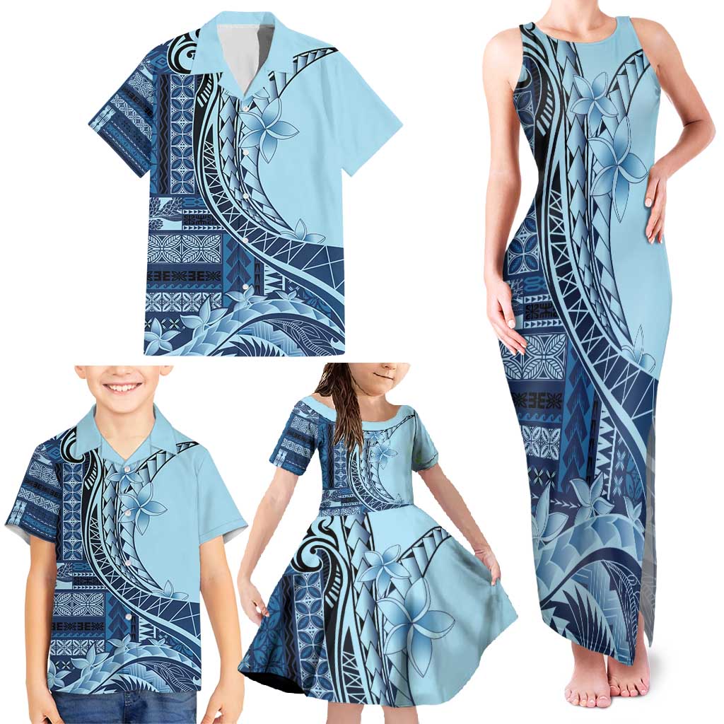 Samoa Siapo Mamanu Family Matching Tank Maxi Dress and Hawaiian Shirt Plumeria Navy Blue Motifs LT7 - Polynesian Pride