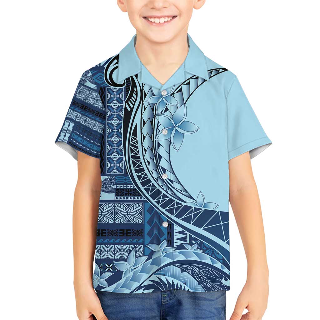Samoa Siapo Mamanu Family Matching Tank Maxi Dress and Hawaiian Shirt Plumeria Navy Blue Motifs LT7 Son's Shirt Blue - Polynesian Pride