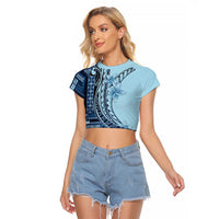 Samoa Siapo Mamanu Raglan Cropped T Shirt Plumeria Navy Blue Motifs LT7 Female Blue - Polynesian Pride
