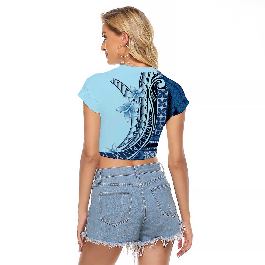 Samoa Siapo Mamanu Raglan Cropped T Shirt Plumeria Navy Blue Motifs LT7 - Polynesian Pride