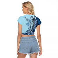 Samoa Siapo Mamanu Raglan Cropped T Shirt Plumeria Navy Blue Motifs LT7 - Polynesian Pride