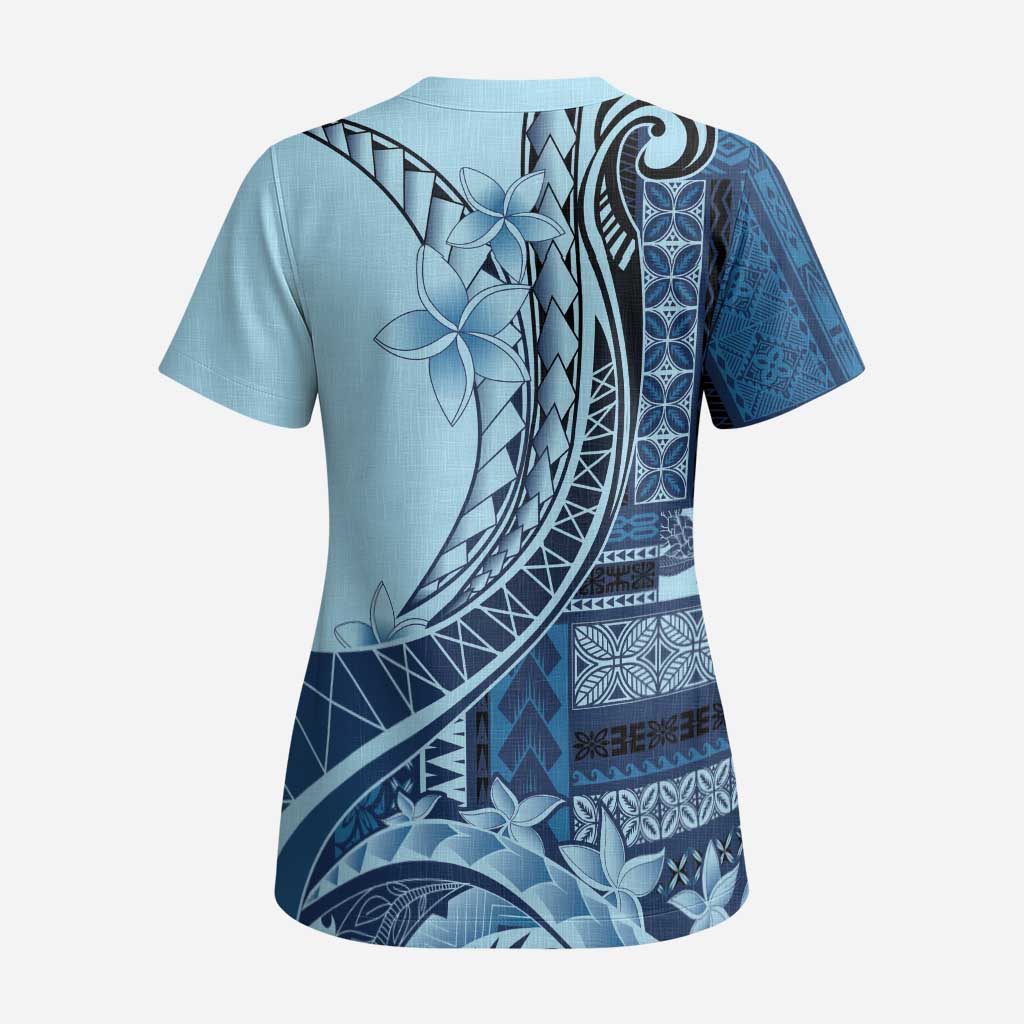 Samoa Siapo Mamanu Scrub Top Plumeria Navy Blue Motifs - Polynesian Pride