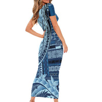 Samoa Siapo Mamanu Short Sleeve Bodycon Dress Plumeria Navy Blue Motifs