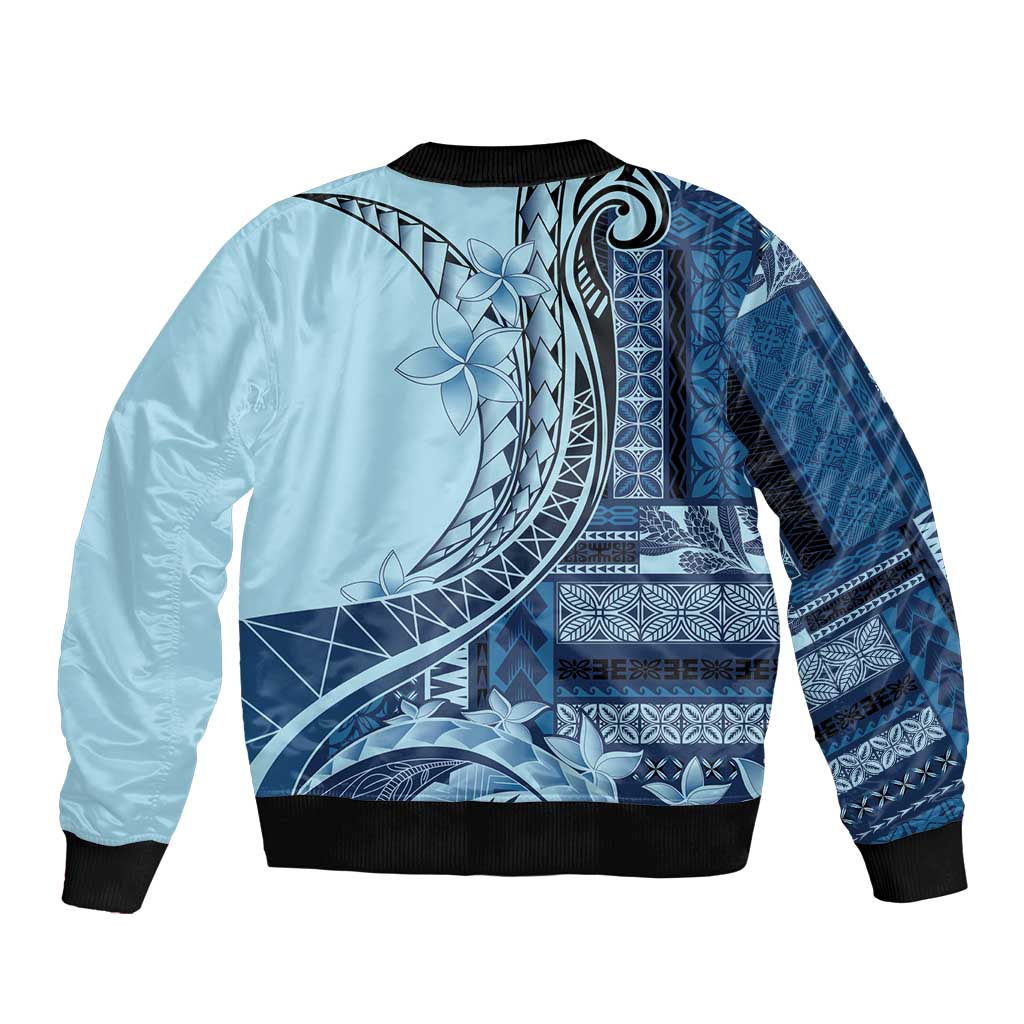 Samoa Siapo Mamanu Sleeve Zip Bomber Jacket Plumeria Navy Blue Motifs