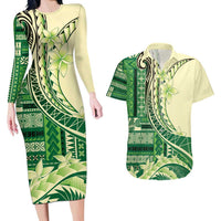 Samoa Siapo Mamanu Couples Matching Long Sleeve Bodycon Dress and Hawaiian Shirt Plumeria Emerald Motifs LT7 Green - Polynesian Pride