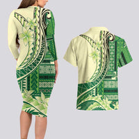 Samoa Siapo Mamanu Couples Matching Long Sleeve Bodycon Dress and Hawaiian Shirt Plumeria Emerald Motifs LT7 - Polynesian Pride