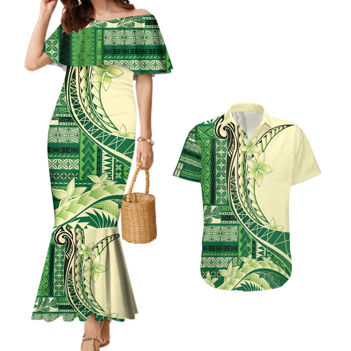Samoa Siapo Mamanu Couples Matching Mermaid Dress and Hawaiian Shirt Plumeria Emerald Motifs LT7 Green - Polynesian Pride
