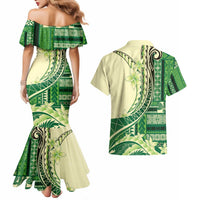 Samoa Siapo Mamanu Couples Matching Mermaid Dress and Hawaiian Shirt Plumeria Emerald Motifs LT7 - Polynesian Pride