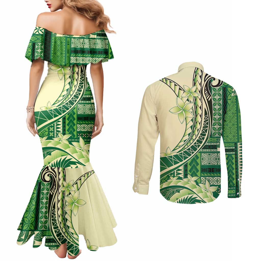 Samoa Siapo Mamanu Couples Matching Mermaid Dress and Long Sleeve Button Shirt Plumeria Emerald Motifs LT7 - Polynesian Pride