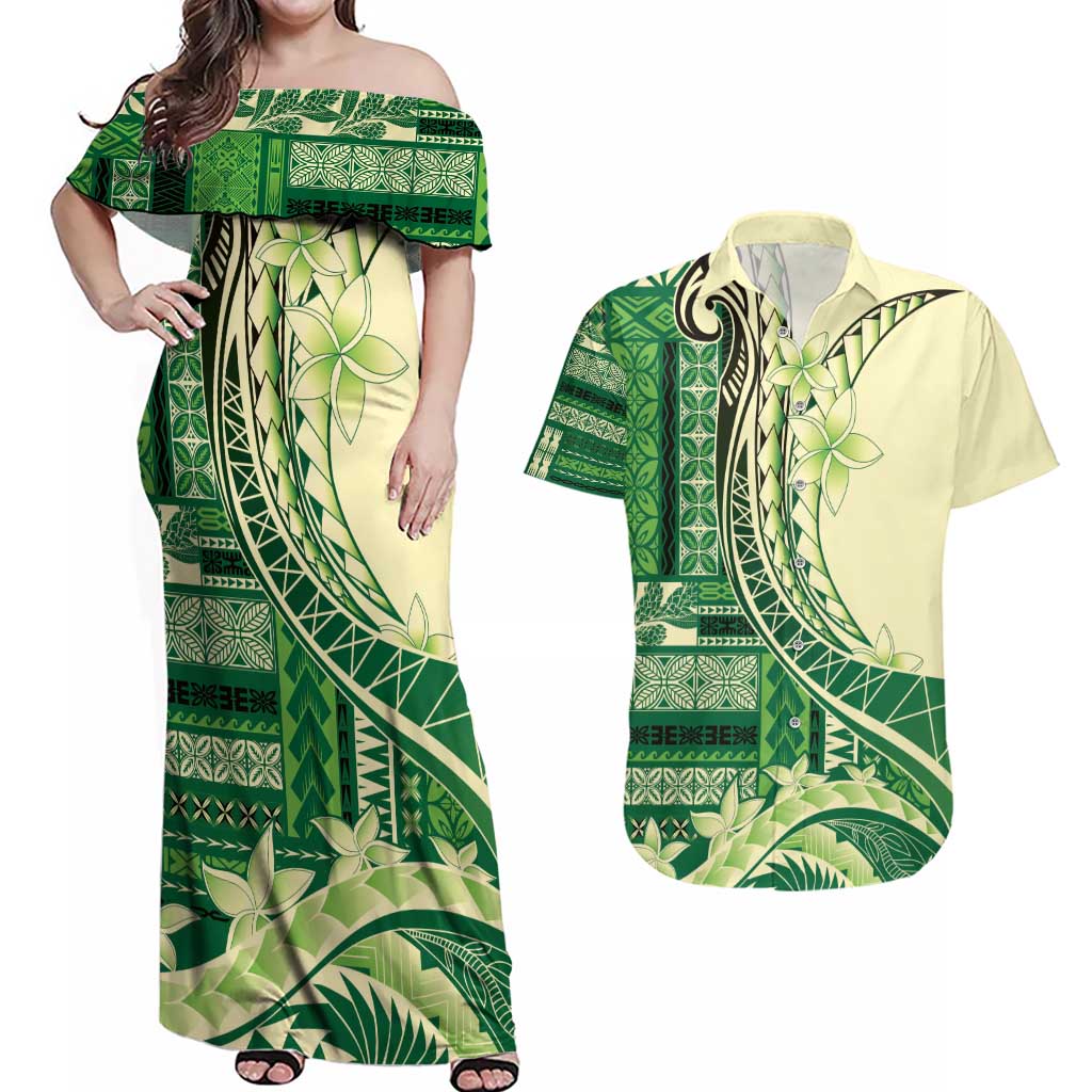 Samoa Siapo Mamanu Couples Matching Off Shoulder Maxi Dress and Hawaiian Shirt Plumeria Emerald Motifs LT7 Green - Polynesian Pride