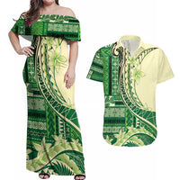 Samoa Siapo Mamanu Couples Matching Off Shoulder Maxi Dress and Hawaiian Shirt Plumeria Emerald Motifs LT7 Green - Polynesian Pride