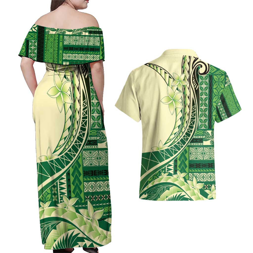 Samoa Siapo Mamanu Couples Matching Off Shoulder Maxi Dress and Hawaiian Shirt Plumeria Emerald Motifs LT7 - Polynesian Pride