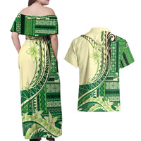 Samoa Siapo Mamanu Couples Matching Off Shoulder Maxi Dress and Hawaiian Shirt Plumeria Emerald Motifs LT7 - Polynesian Pride
