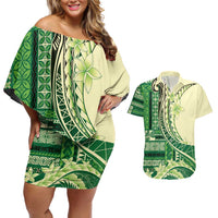 Samoa Siapo Mamanu Couples Matching Off Shoulder Short Dress and Hawaiian Shirt Plumeria Emerald Motifs LT7 Green - Polynesian Pride
