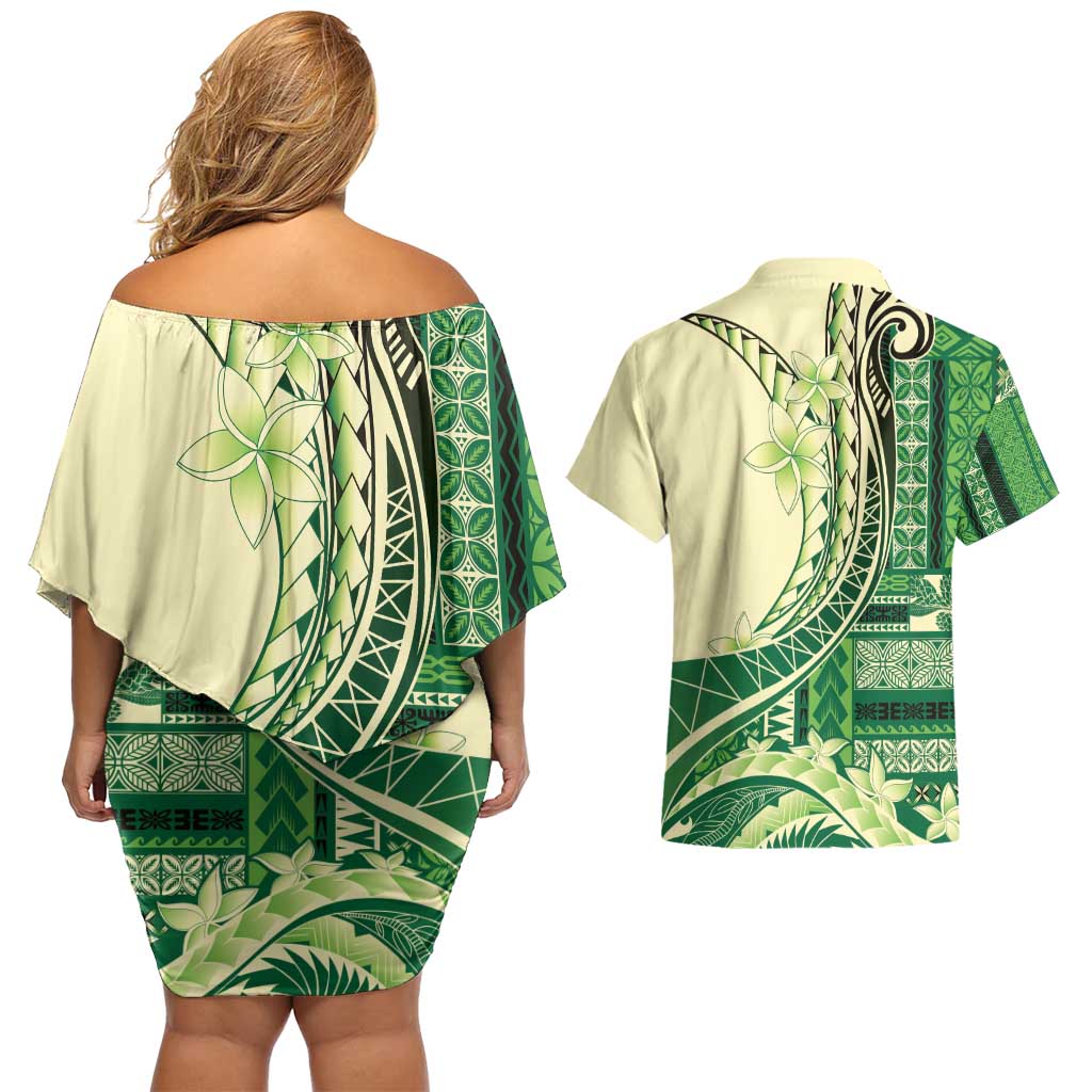 Samoa Siapo Mamanu Couples Matching Off Shoulder Short Dress and Hawaiian Shirt Plumeria Emerald Motifs LT7 - Polynesian Pride